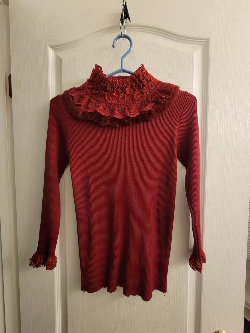 Red Lace-Trim Ribbed Women's Sweater
